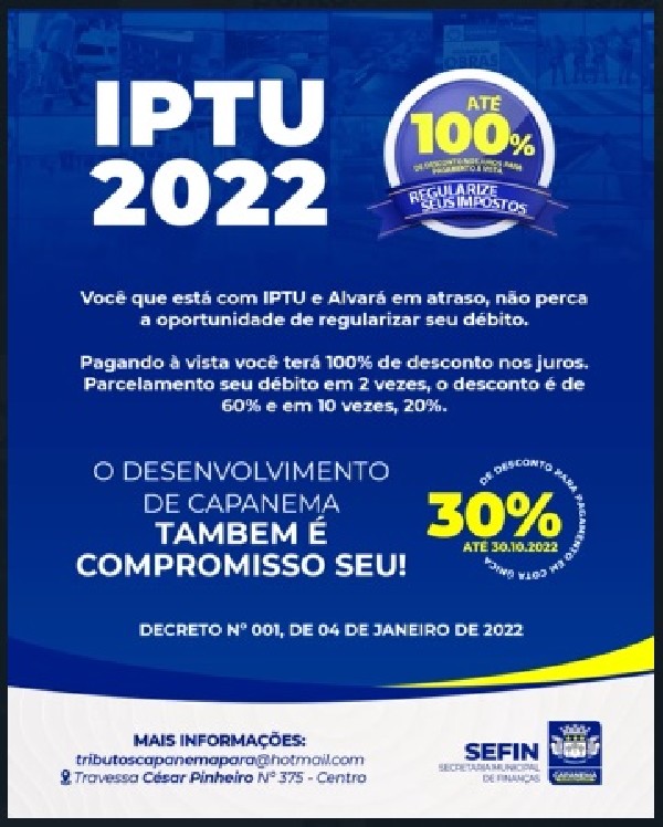 IPTU 2022 - O desenvolvimento de Capanema também é compromisso seu